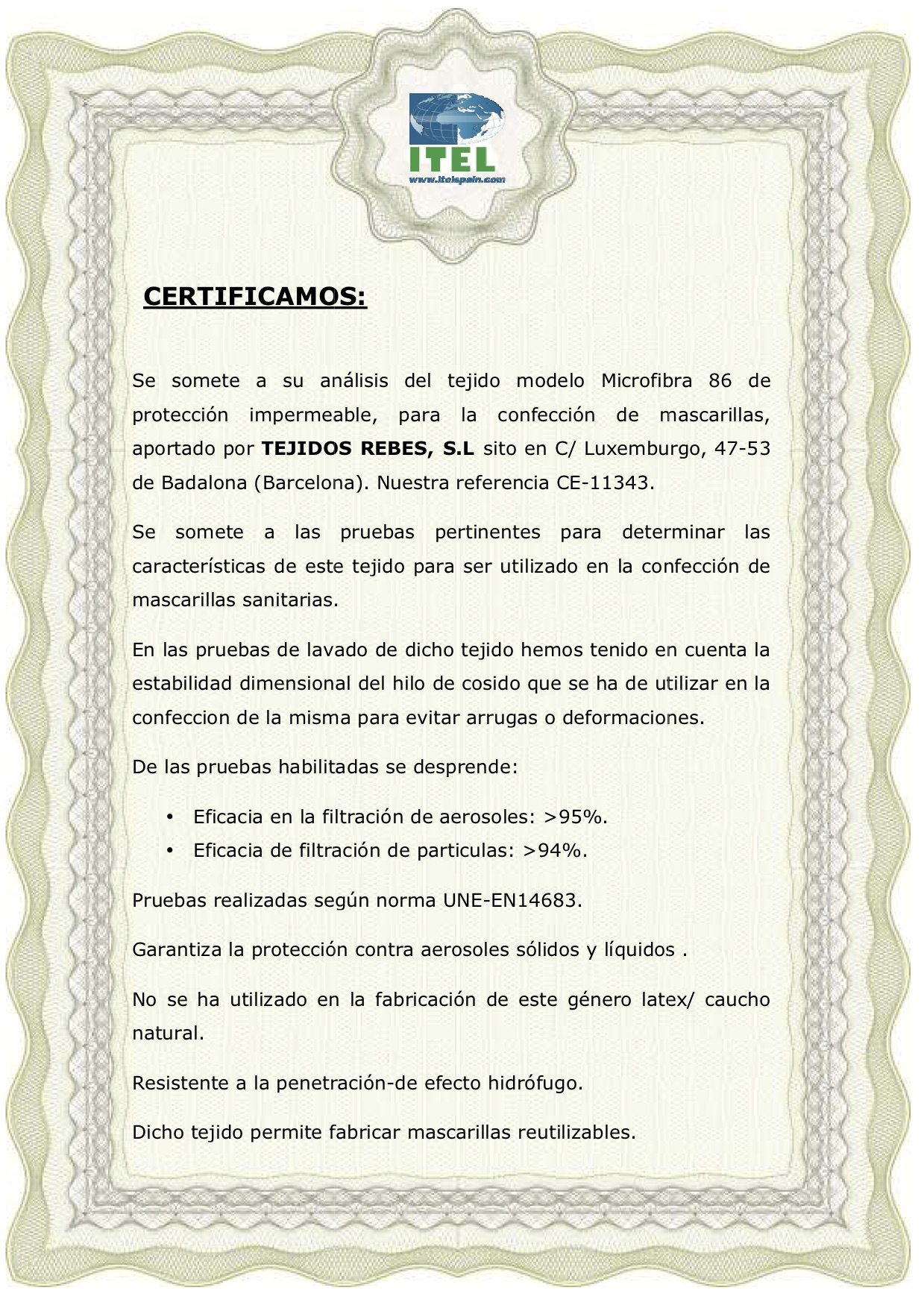 Certificado Tejido Mascarilla